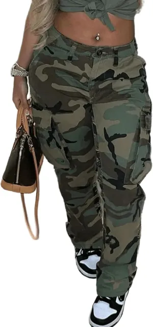 Women Camo Cargo Pants High Waist Baggy Wide Leg Camouflage Jean Trousers Army Fatigue Y2k Pocket Jogger Sweatpants