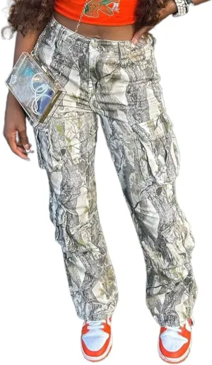 Women Camo Cargo Pants High Waist Baggy Wide Leg Camouflage Jean Trousers Army Fatigue Y2k Pocket Jogger Sweatpants
