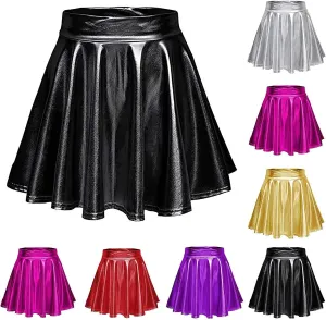 Women Faux Leather Mini Skirts Night Out Disco Short Skirt Sexy Performance Stage Pleated Skirt PU-Leather Skirts