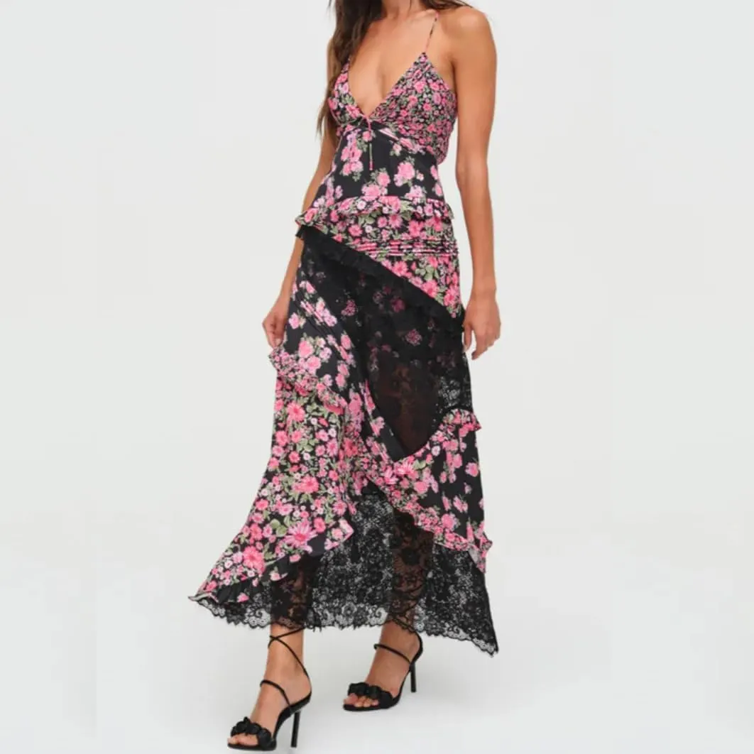 Women Flowy Lace Maxi Dress Backless Low Cut Lace Patchwork Ruffle Tiered Long Dress Summer Beach Sundress