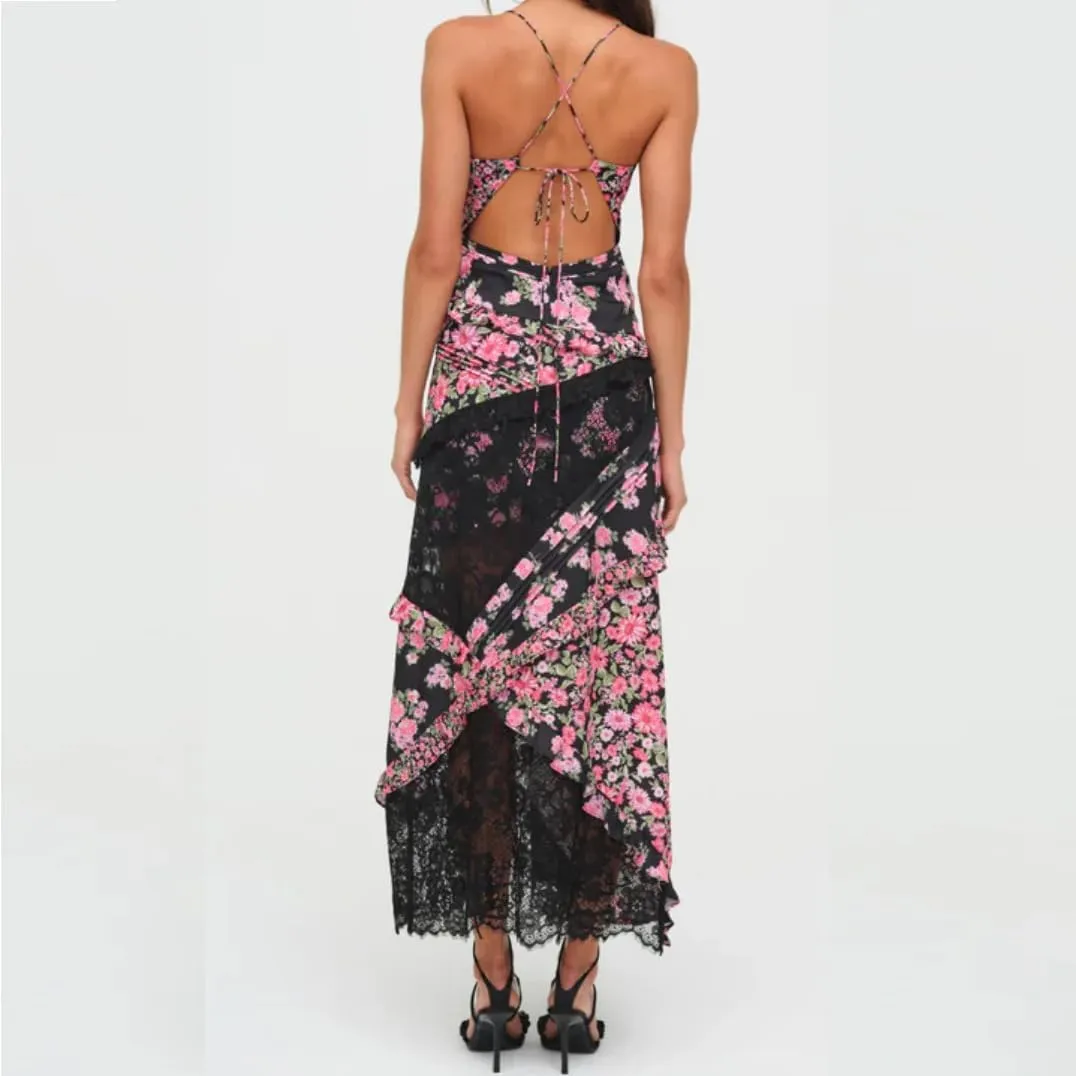 Women Flowy Lace Maxi Dress Backless Low Cut Lace Patchwork Ruffle Tiered Long Dress Summer Beach Sundress