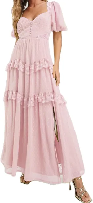 Women Flowy Lace Maxi Dress Backless Low Cut Lace Patchwork Ruffle Tiered Long Dress Summer Beach Sundress
