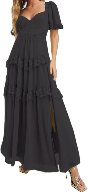 Women Flowy Lace Maxi Dress Backless Low Cut Lace Patchwork Ruffle Tiered Long Dress Summer Beach Sundress