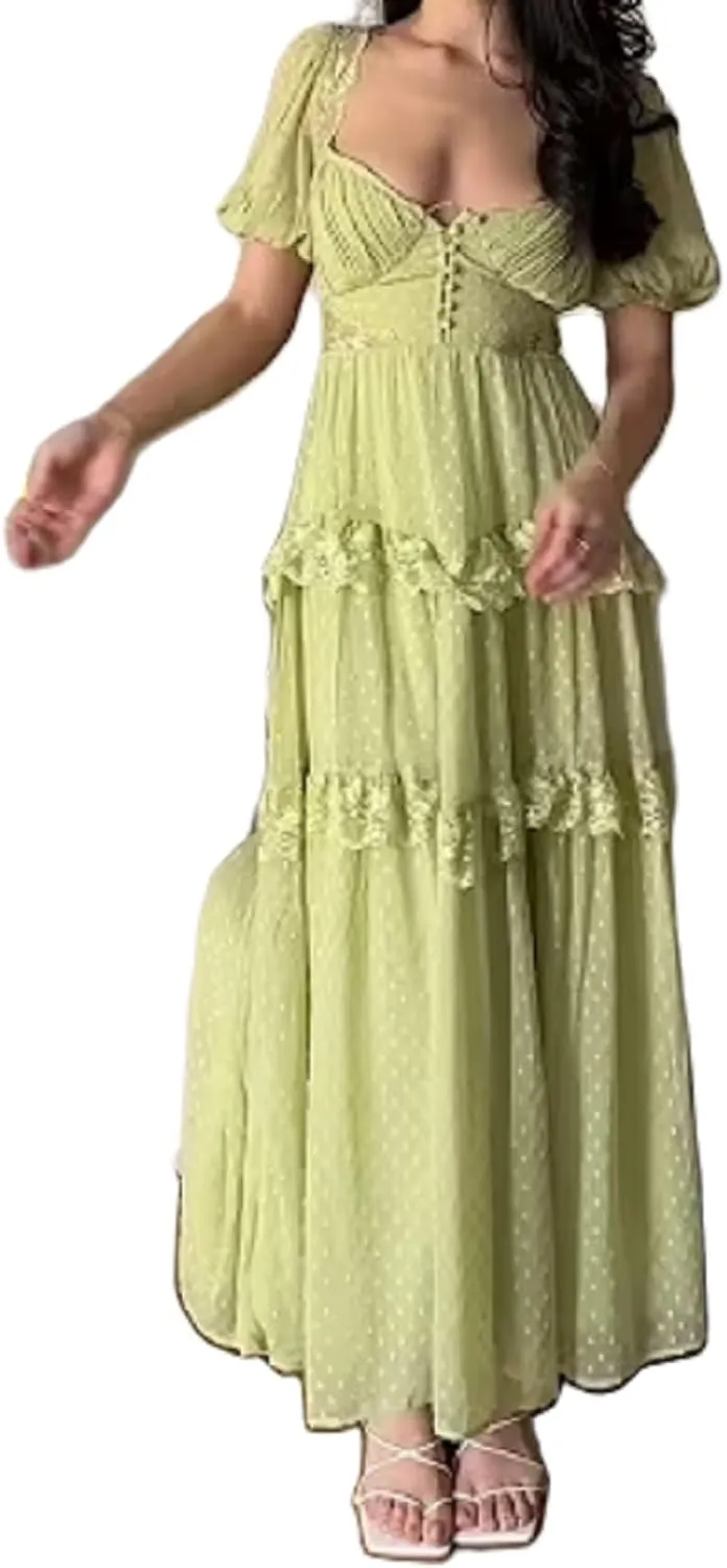 Women Flowy Lace Maxi Dress Backless Low Cut Lace Patchwork Ruffle Tiered Long Dress Summer Beach Sundress