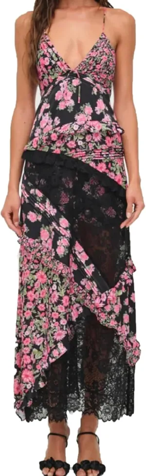 Women Flowy Lace Maxi Dress Backless Low Cut Lace Patchwork Ruffle Tiered Long Dress Summer Beach Sundress
