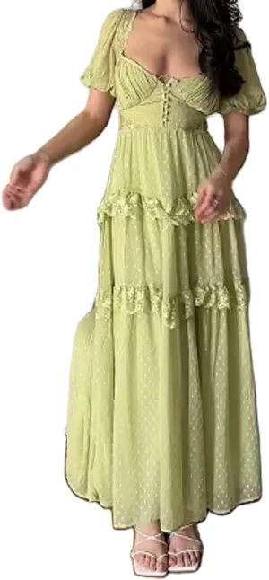 Women Flowy Lace Maxi Dress Backless Low Cut Lace Patchwork Ruffle Tiered Long Dress Summer Beach Sundress