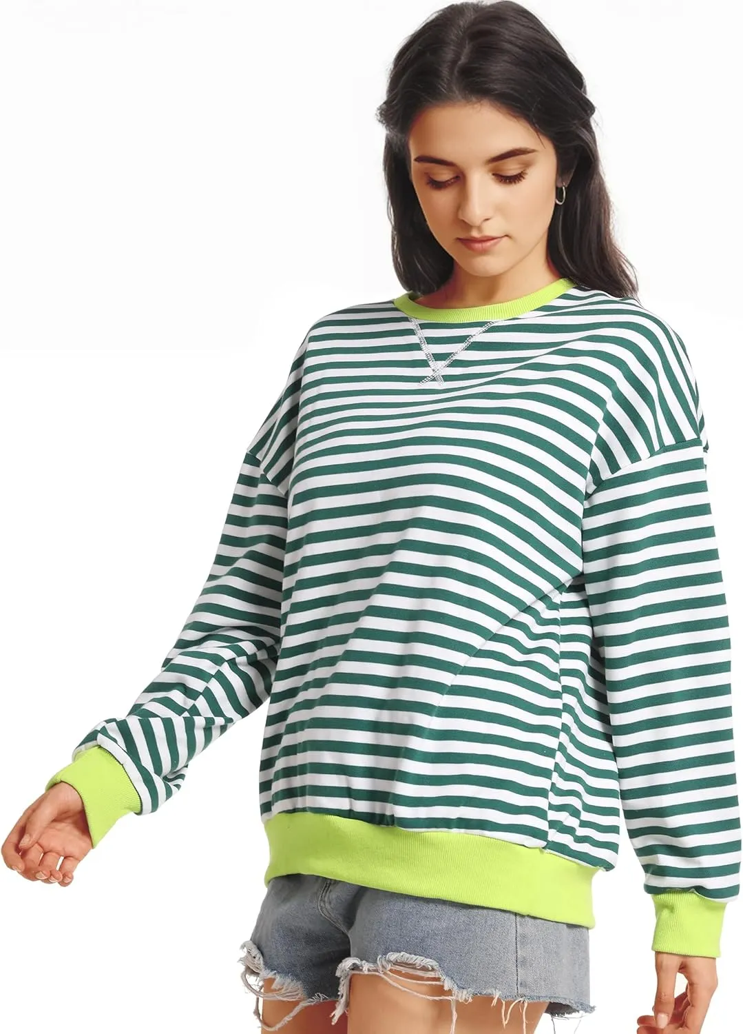 Women Oversized Striped Sweatshirt Long Sleeve Crewneck Shirt Fashion Fall 2025 Pullover Top Preppy Y2K Clothes