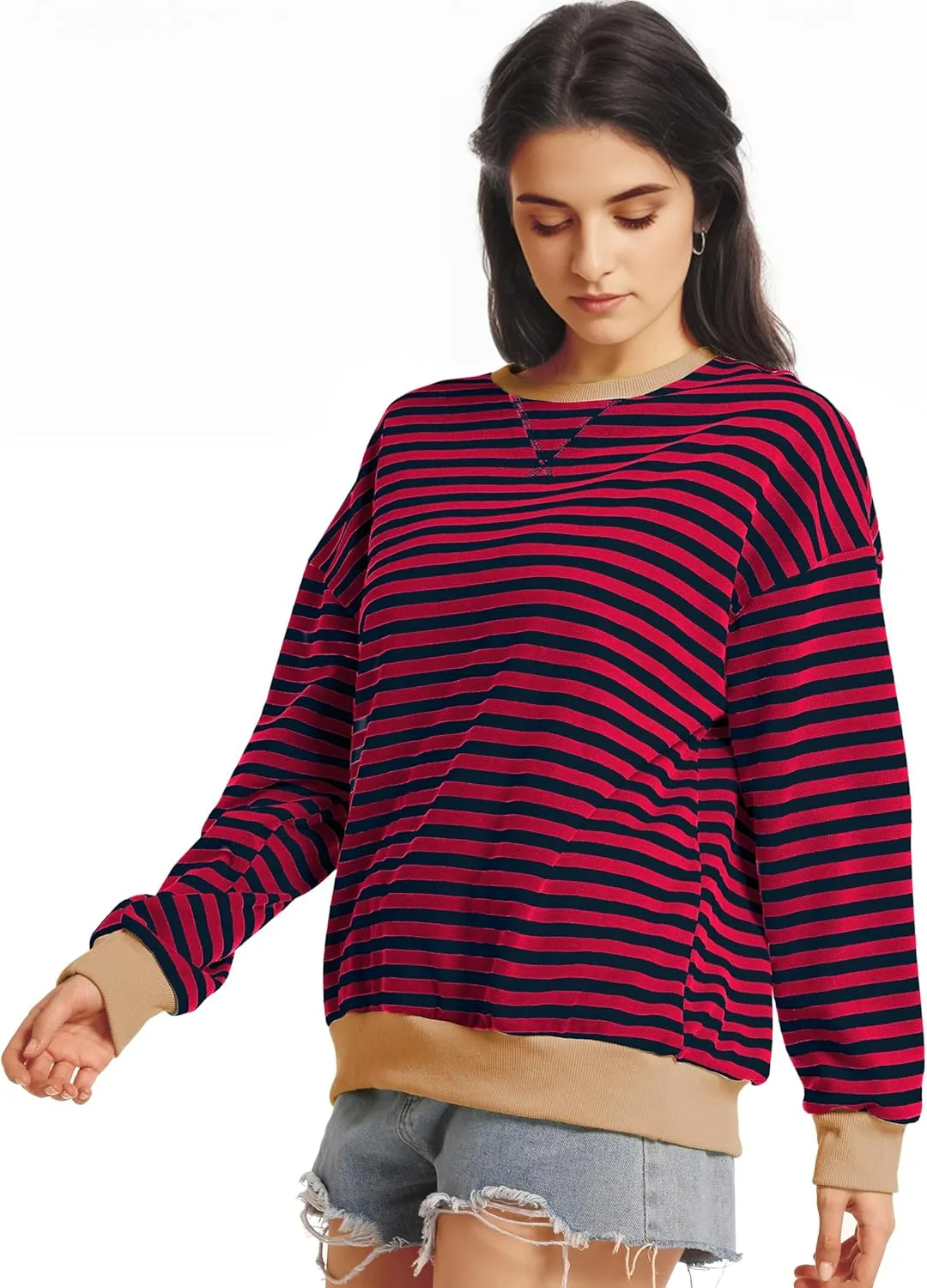 Women Oversized Striped Sweatshirt Long Sleeve Crewneck Shirt Fashion Fall 2025 Pullover Top Preppy Y2K Clothes