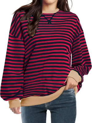 Women Oversized Striped Sweatshirt Long Sleeve Crewneck Shirt Fashion Fall 2025 Pullover Top Preppy Y2K Clothes