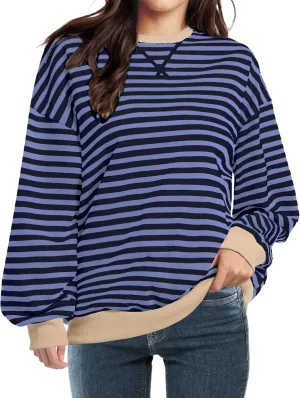 Women Oversized Striped Sweatshirt Long Sleeve Crewneck Shirt Fashion Fall 2025 Pullover Top Preppy Y2K Clothes