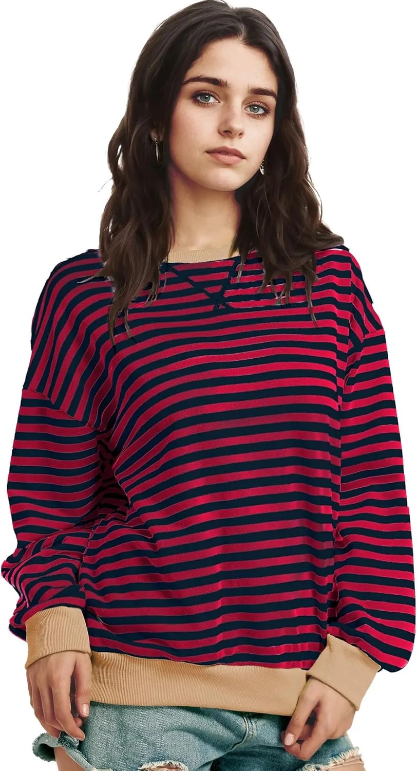 Women Oversized Striped Sweatshirt Long Sleeve Crewneck Shirt Fashion Fall 2025 Pullover Top Preppy Y2K Clothes