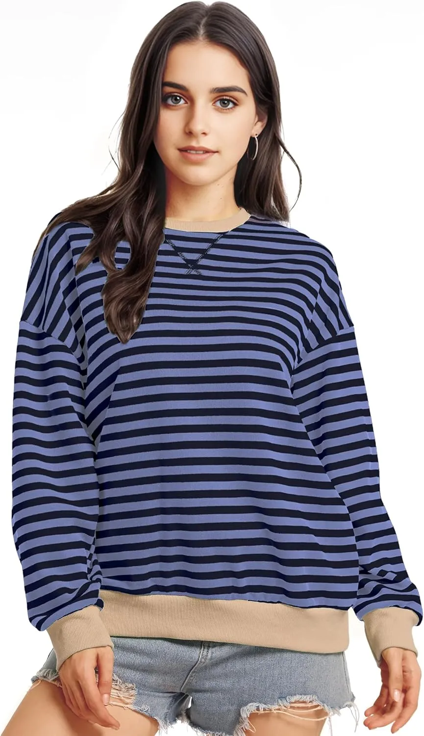 Women Oversized Striped Sweatshirt Long Sleeve Crewneck Shirt Fashion Fall 2025 Pullover Top Preppy Y2K Clothes