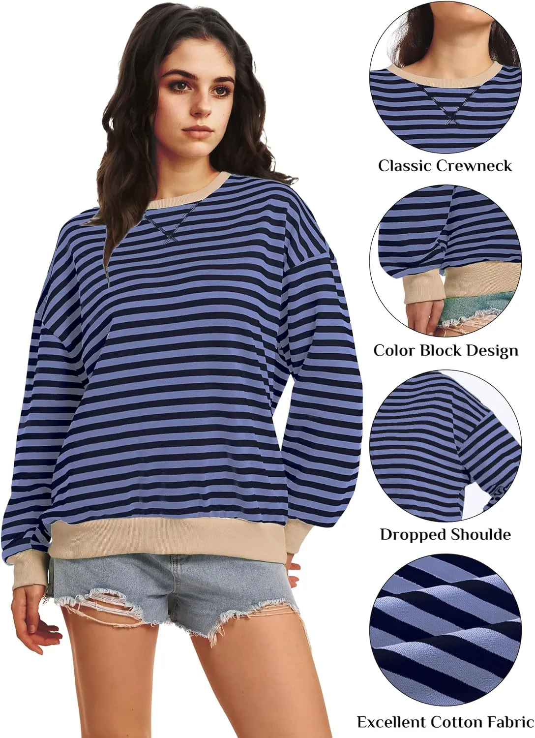 Women Oversized Striped Sweatshirt Long Sleeve Crewneck Shirt Fashion Fall 2025 Pullover Top Preppy Y2K Clothes