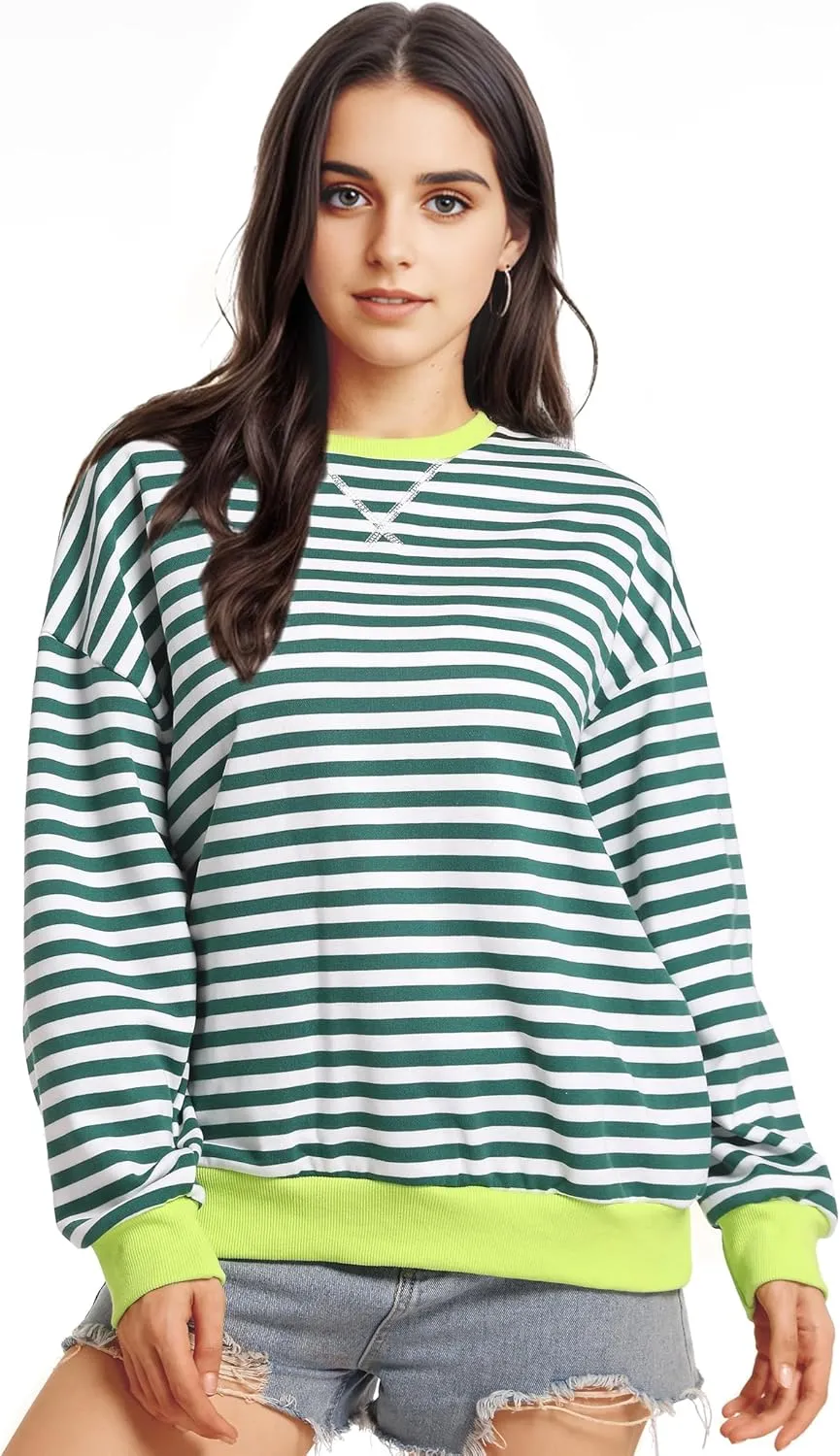 Women Oversized Striped Sweatshirt Long Sleeve Crewneck Shirt Fashion Fall 2025 Pullover Top Preppy Y2K Clothes