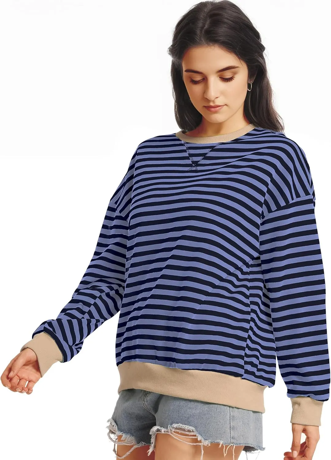 Women Oversized Striped Sweatshirt Long Sleeve Crewneck Shirt Fashion Fall 2025 Pullover Top Preppy Y2K Clothes