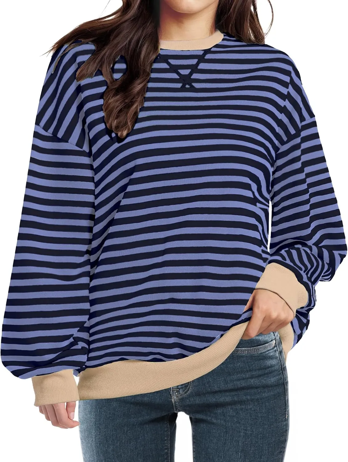 Women Oversized Striped Sweatshirt Long Sleeve Crewneck Shirt Fashion Fall 2025 Pullover Top Preppy Y2K Clothes
