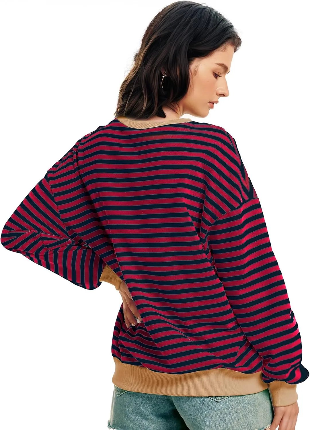Women Oversized Striped Sweatshirt Long Sleeve Crewneck Shirt Fashion Fall 2025 Pullover Top Preppy Y2K Clothes