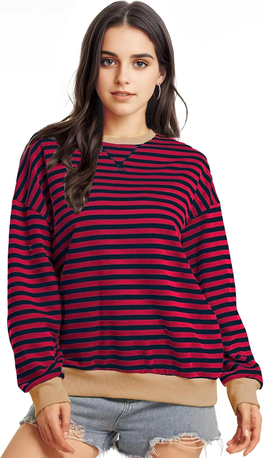 Women Oversized Striped Sweatshirt Long Sleeve Crewneck Shirt Fashion Fall 2025 Pullover Top Preppy Y2K Clothes
