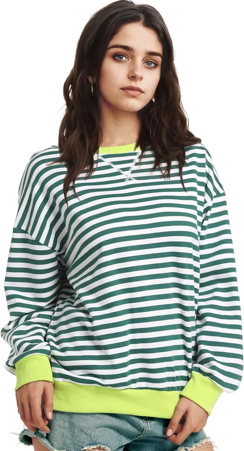 Women Oversized Striped Sweatshirt Long Sleeve Crewneck Shirt Fashion Fall 2025 Pullover Top Preppy Y2K Clothes