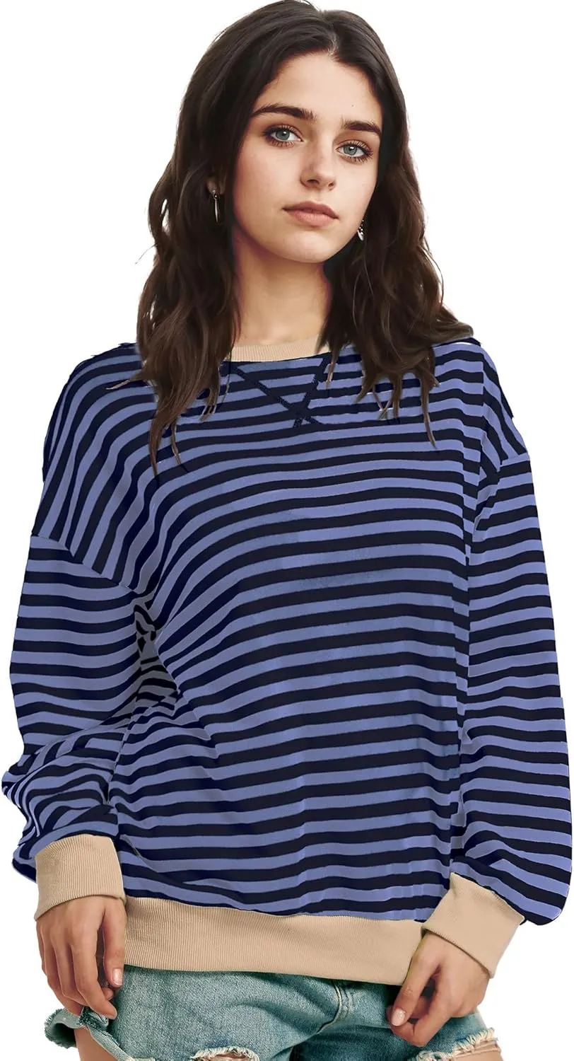 Women Oversized Striped Sweatshirt Long Sleeve Crewneck Shirt Fashion Fall 2025 Pullover Top Preppy Y2K Clothes