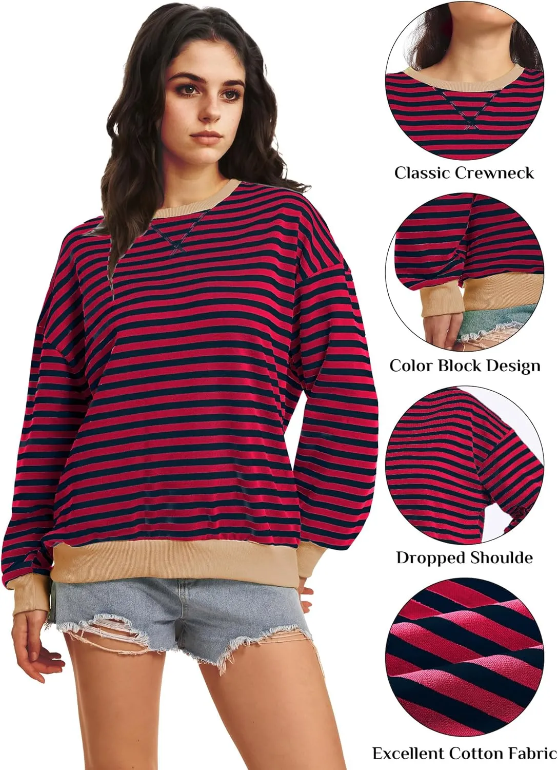 Women Oversized Striped Sweatshirt Long Sleeve Crewneck Shirt Fashion Fall 2025 Pullover Top Preppy Y2K Clothes