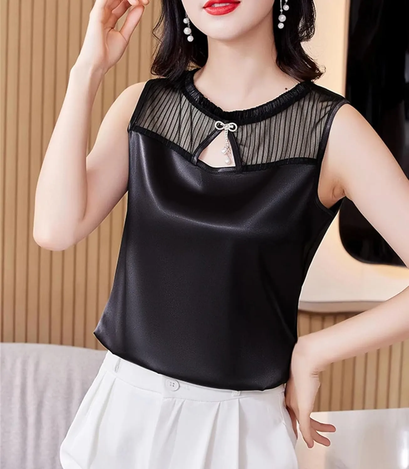 Women Silk Satin Tank Top Sleeveless Casual Crew Neck Blouses Summer Hollow Out Camisole