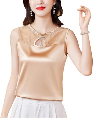 Women Silk Satin Tank Top Sleeveless Casual Crew Neck Blouses Summer Hollow Out Camisole