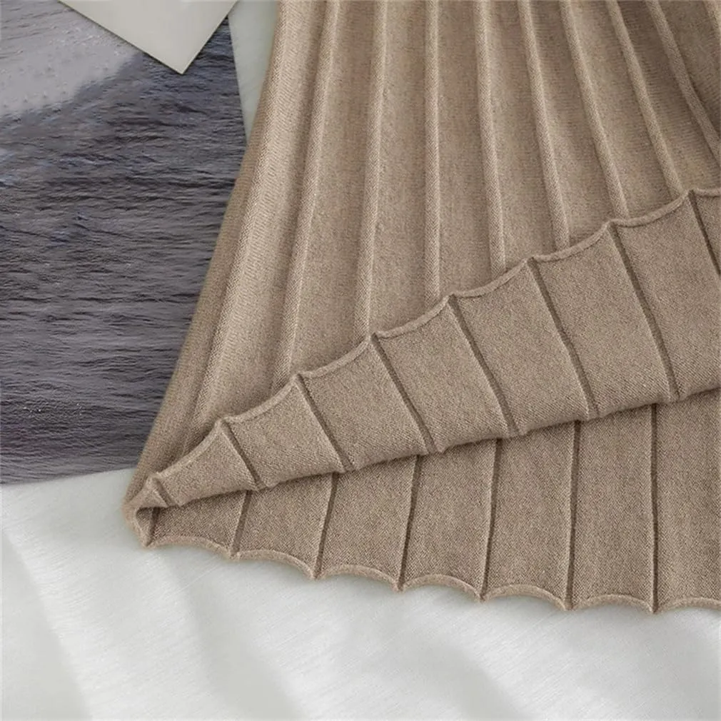 Women Striped Knitted Sweater Skirt Elastic Pleated Midi Skirts Womens High Waist A-Line Skirts