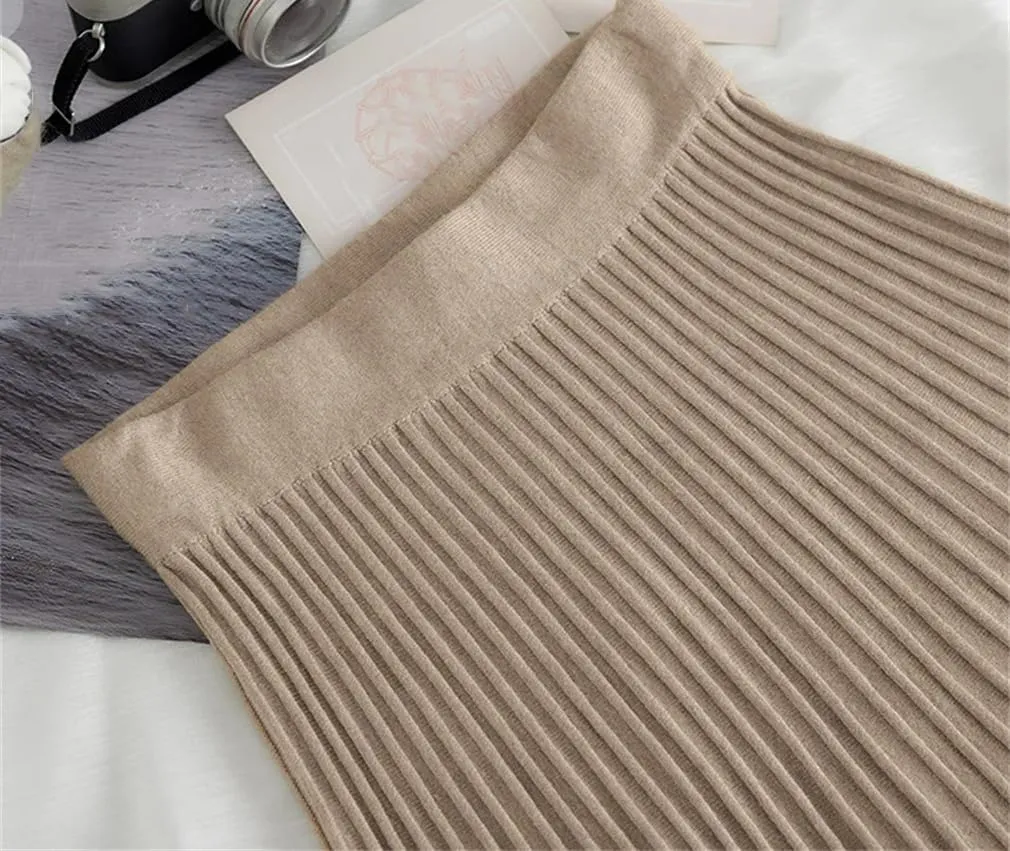 Women Striped Knitted Sweater Skirt Elastic Pleated Midi Skirts Womens High Waist A-Line Skirts