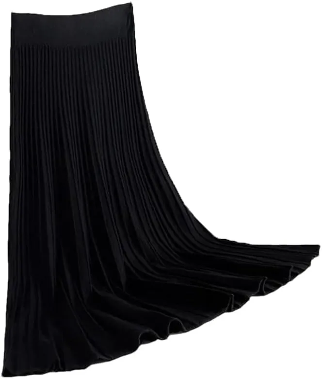 Women Striped Knitted Sweater Skirt Elastic Pleated Midi Skirts Womens High Waist A-Line Skirts