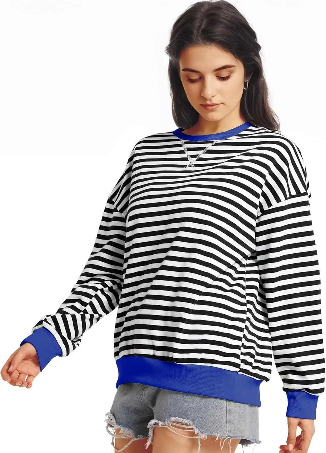 Women Striped Oversized Sweatshirt Long Sleeve Crewneck Shirt Lightweight Pullover Top Preppy Y2K Clothes