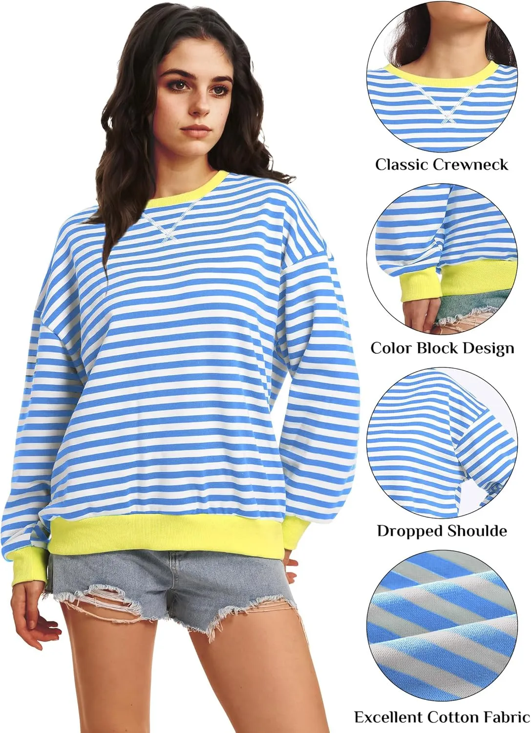 Women Striped Oversized Sweatshirt Long Sleeve Crewneck Shirt Lightweight Pullover Top Preppy Y2K Clothes