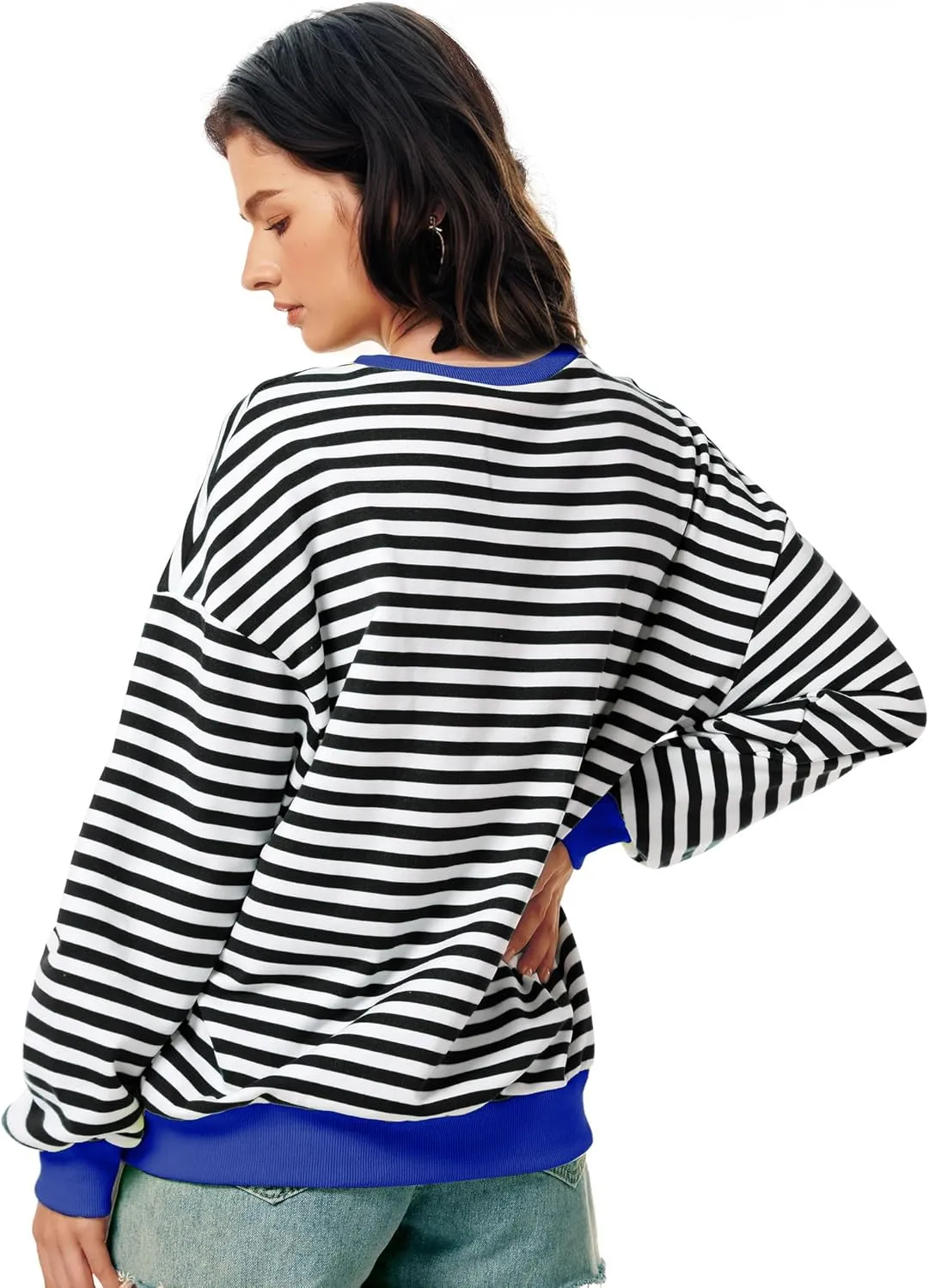 Women Striped Oversized Sweatshirt Long Sleeve Crewneck Shirt Lightweight Pullover Top Preppy Y2K Clothes