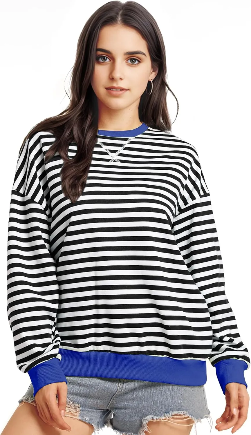 Women Striped Oversized Sweatshirt Long Sleeve Crewneck Shirt Lightweight Pullover Top Preppy Y2K Clothes