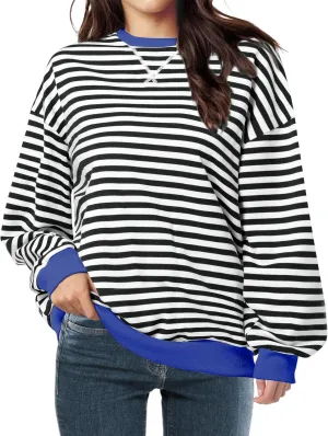 Women Striped Oversized Sweatshirt Long Sleeve Crewneck Shirt Lightweight Pullover Top Preppy Y2K Clothes