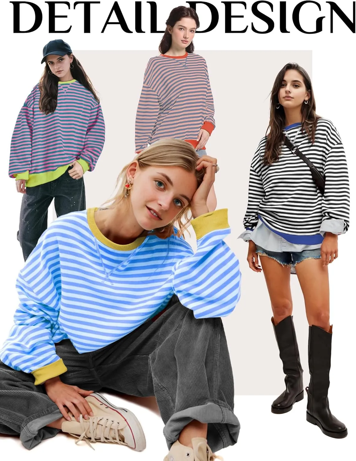 Women Striped Oversized Sweatshirt Long Sleeve Crewneck Shirt Lightweight Pullover Top Preppy Y2K Clothes