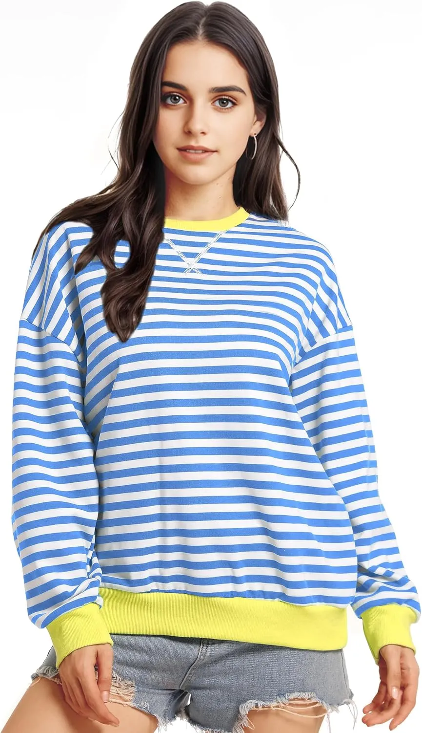 Women Striped Oversized Sweatshirt Long Sleeve Crewneck Shirt Lightweight Pullover Top Preppy Y2K Clothes