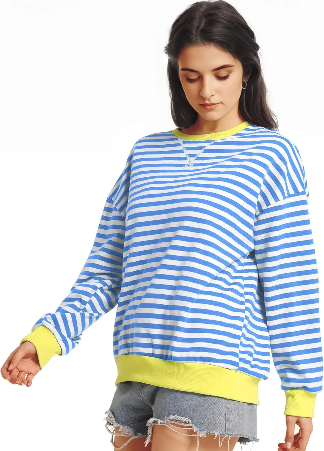 Women Striped Oversized Sweatshirt Long Sleeve Crewneck Shirt Lightweight Pullover Top Preppy Y2K Clothes