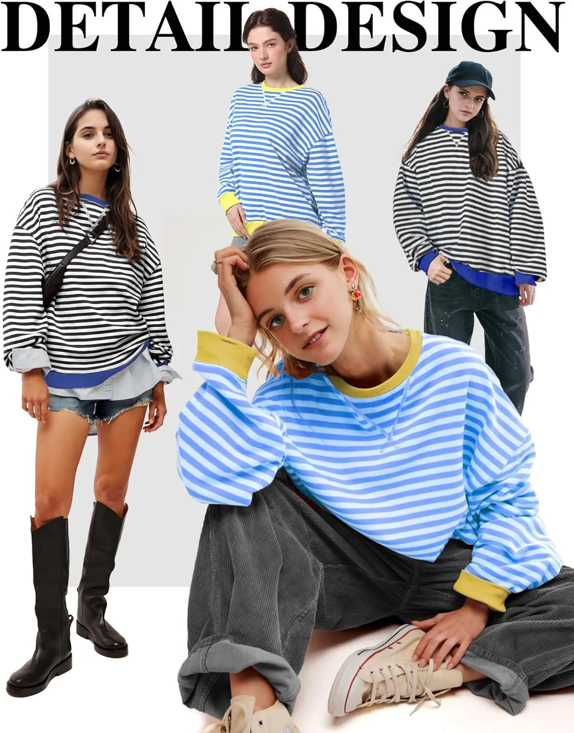 Women Striped Oversized Sweatshirt Long Sleeve Crewneck Shirt Lightweight Pullover Top Preppy Y2K Clothes
