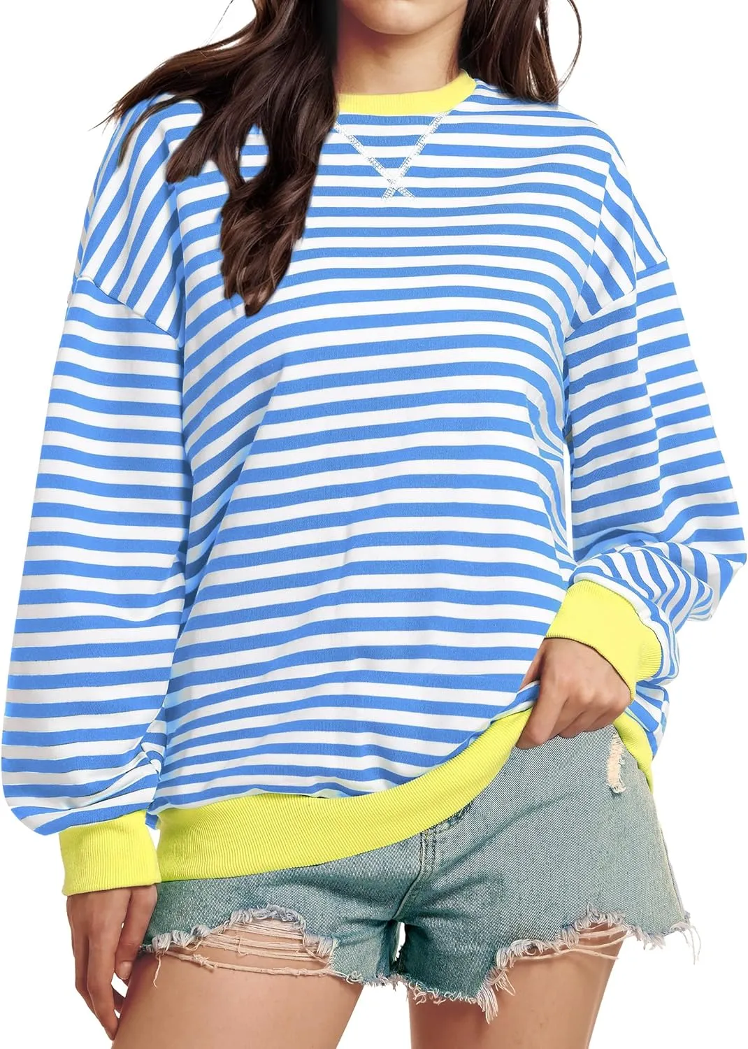 Women Striped Oversized Sweatshirt Long Sleeve Crewneck Shirt Lightweight Pullover Top Preppy Y2K Clothes