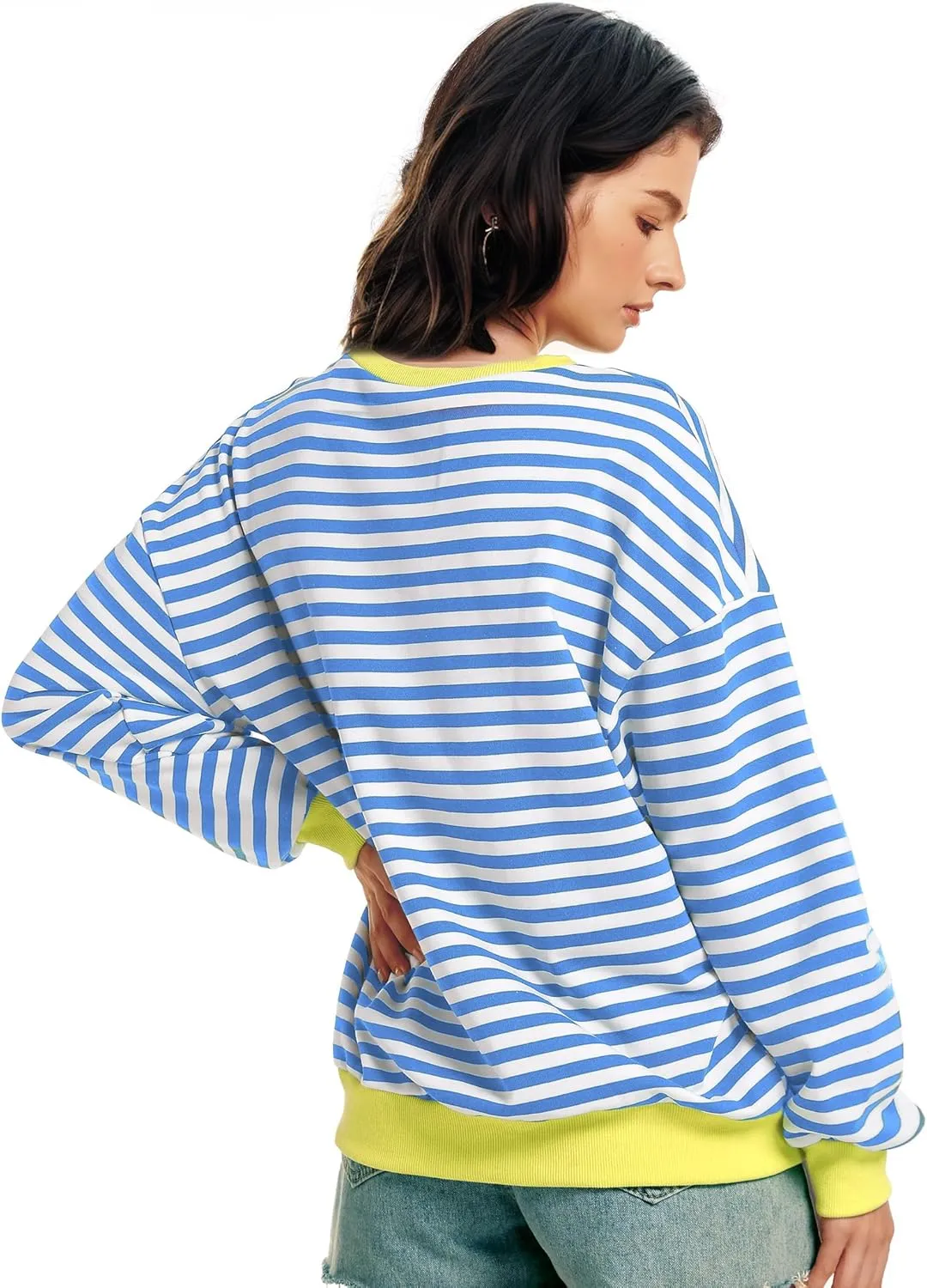 Women Striped Oversized Sweatshirt Long Sleeve Crewneck Shirt Lightweight Pullover Top Preppy Y2K Clothes