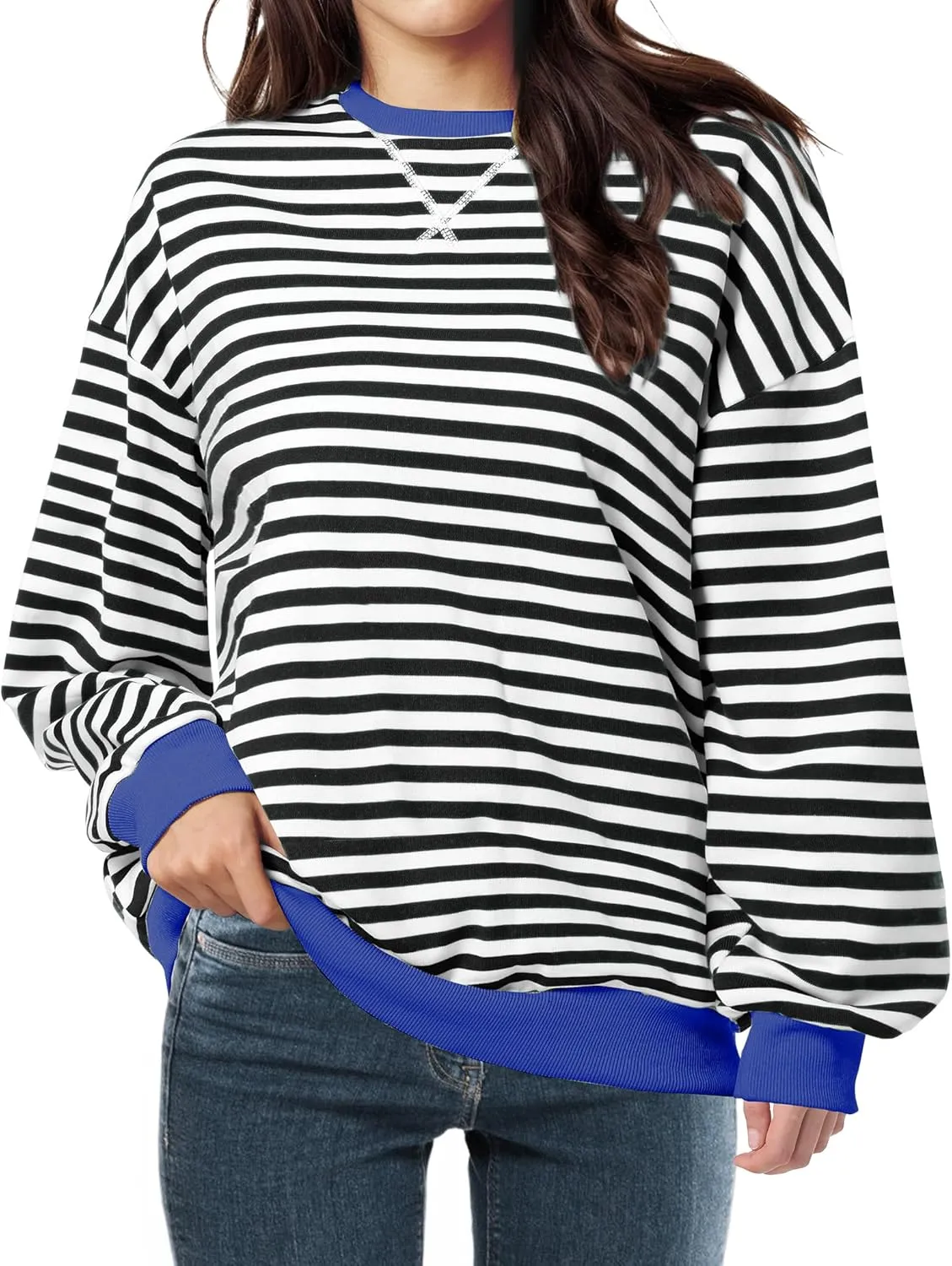 Women Striped Oversized Sweatshirt Long Sleeve Crewneck Shirt Lightweight Pullover Top Preppy Y2K Clothes