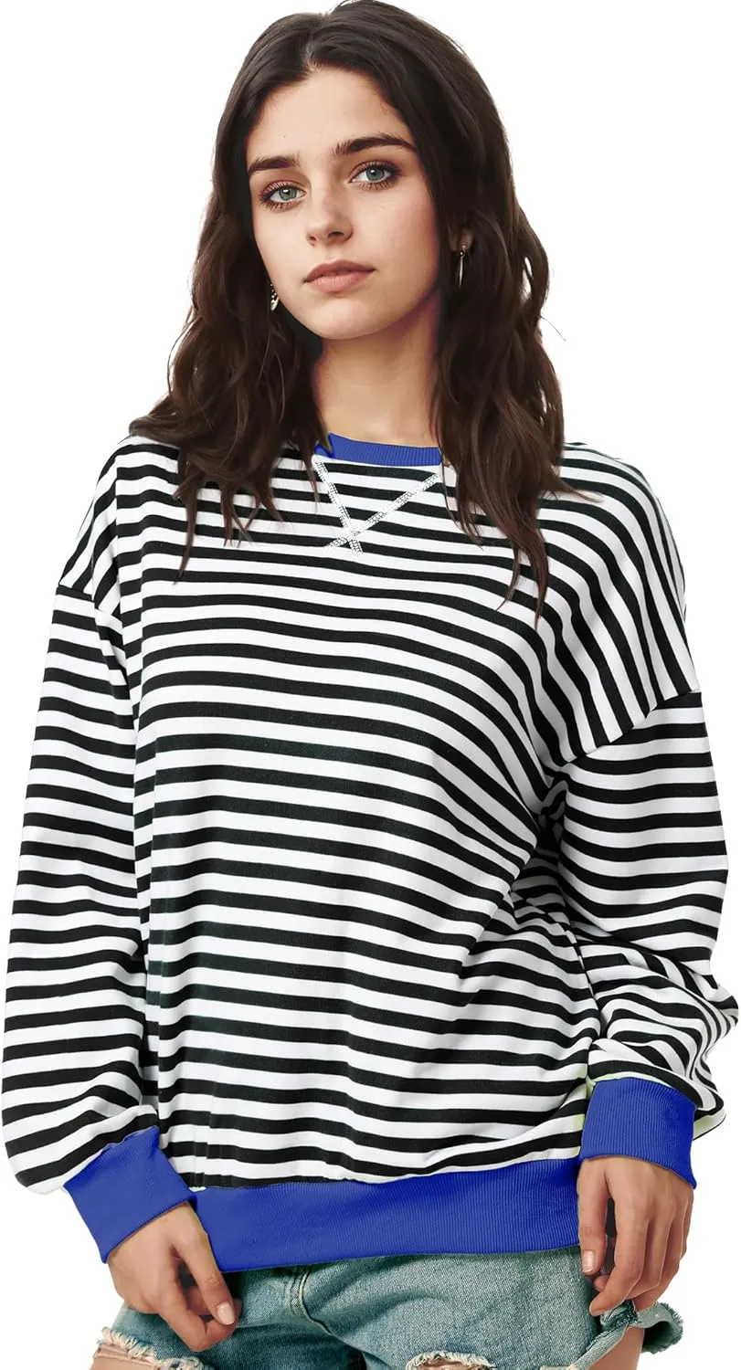 Women Striped Oversized Sweatshirt Long Sleeve Crewneck Shirt Lightweight Pullover Top Preppy Y2K Clothes