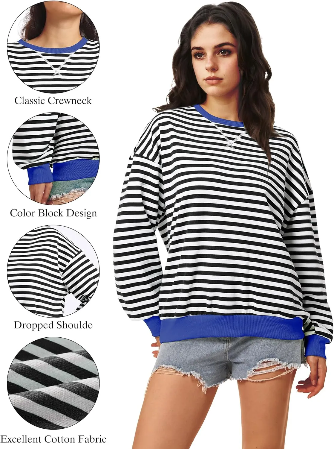 Women Striped Oversized Sweatshirt Long Sleeve Crewneck Shirt Lightweight Pullover Top Preppy Y2K Clothes