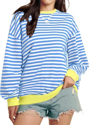 Women Striped Oversized Sweatshirt Long Sleeve Crewneck Shirt Lightweight Pullover Top Preppy Y2K Clothes