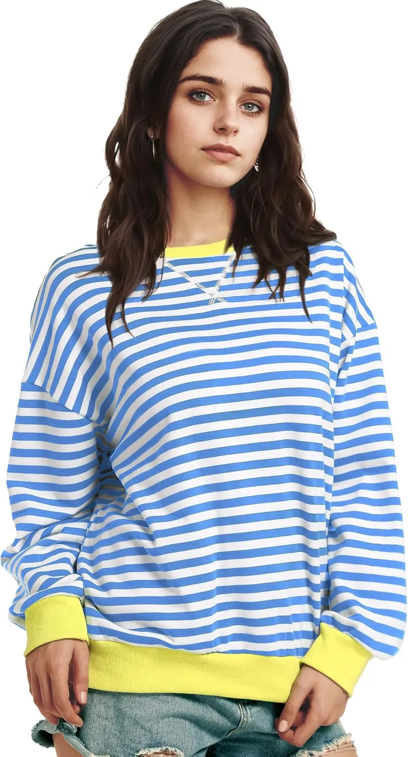Women Striped Oversized Sweatshirt Long Sleeve Crewneck Shirt Lightweight Pullover Top Preppy Y2K Clothes