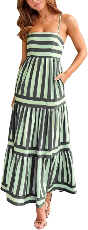 Women Striped Print Maxi Dress Spaghetti Strap Flowy Tiered Dress Sleeveless Casual Summer Sundress