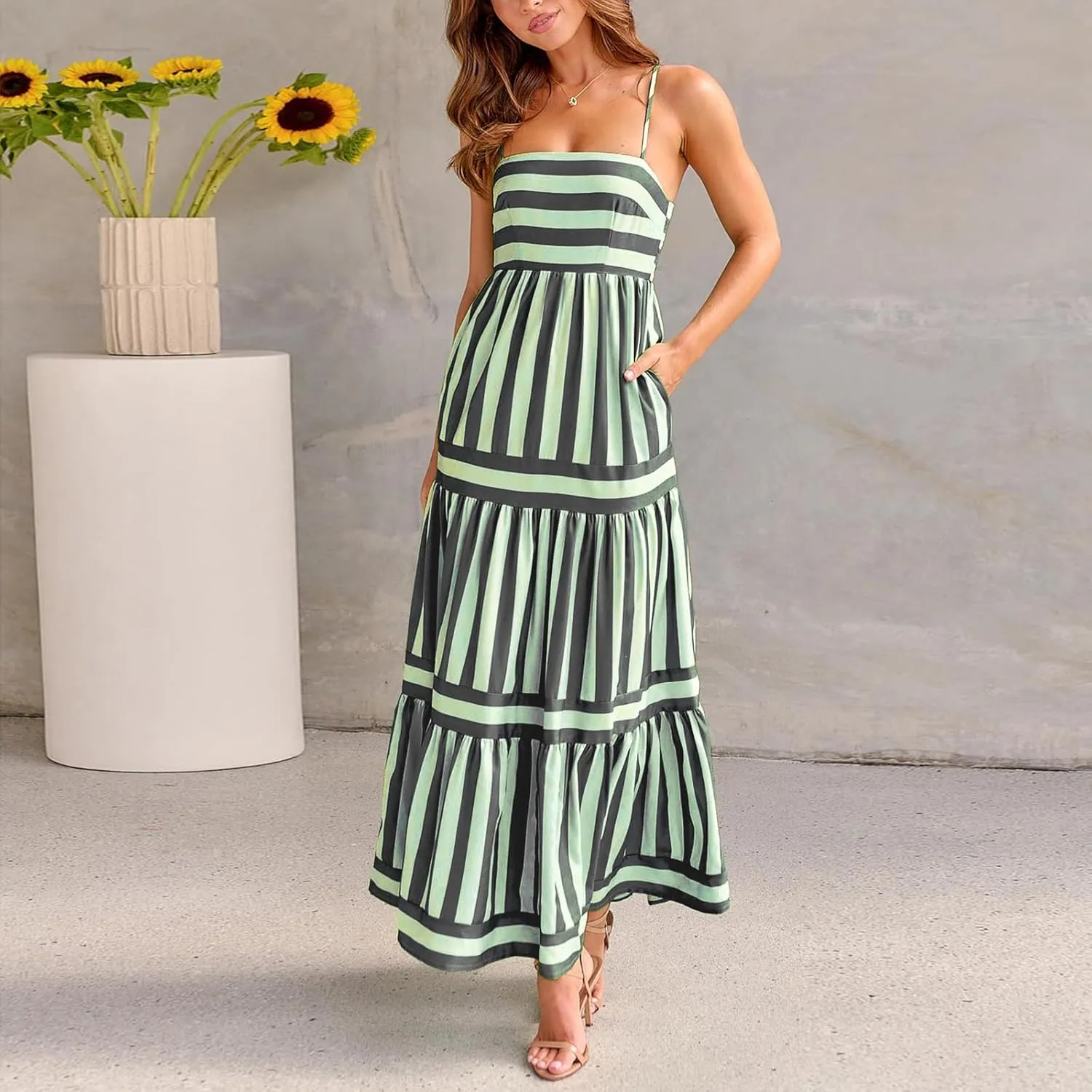 Women Striped Print Maxi Dress Spaghetti Strap Flowy Tiered Dress Sleeveless Casual Summer Sundress
