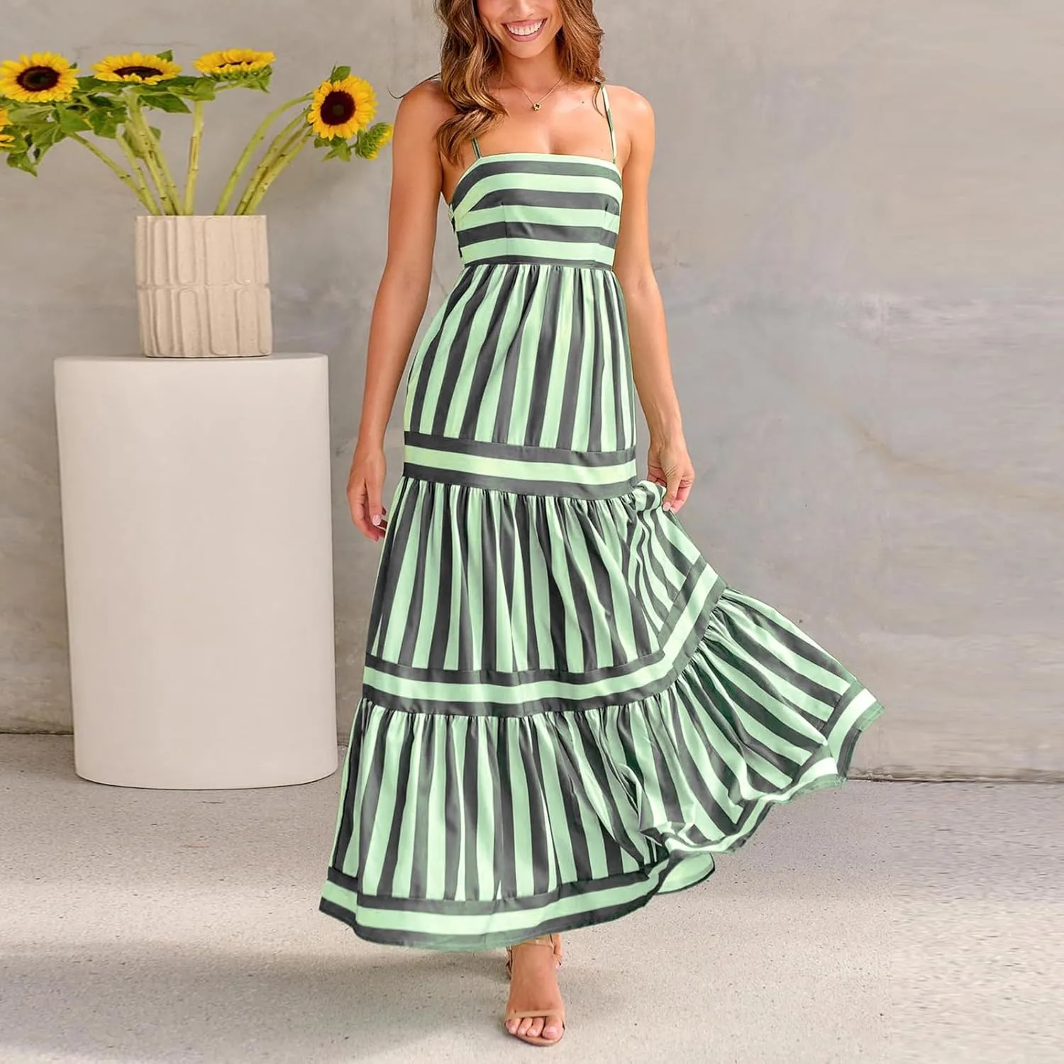 Women Striped Print Maxi Dress Spaghetti Strap Flowy Tiered Dress Sleeveless Casual Summer Sundress