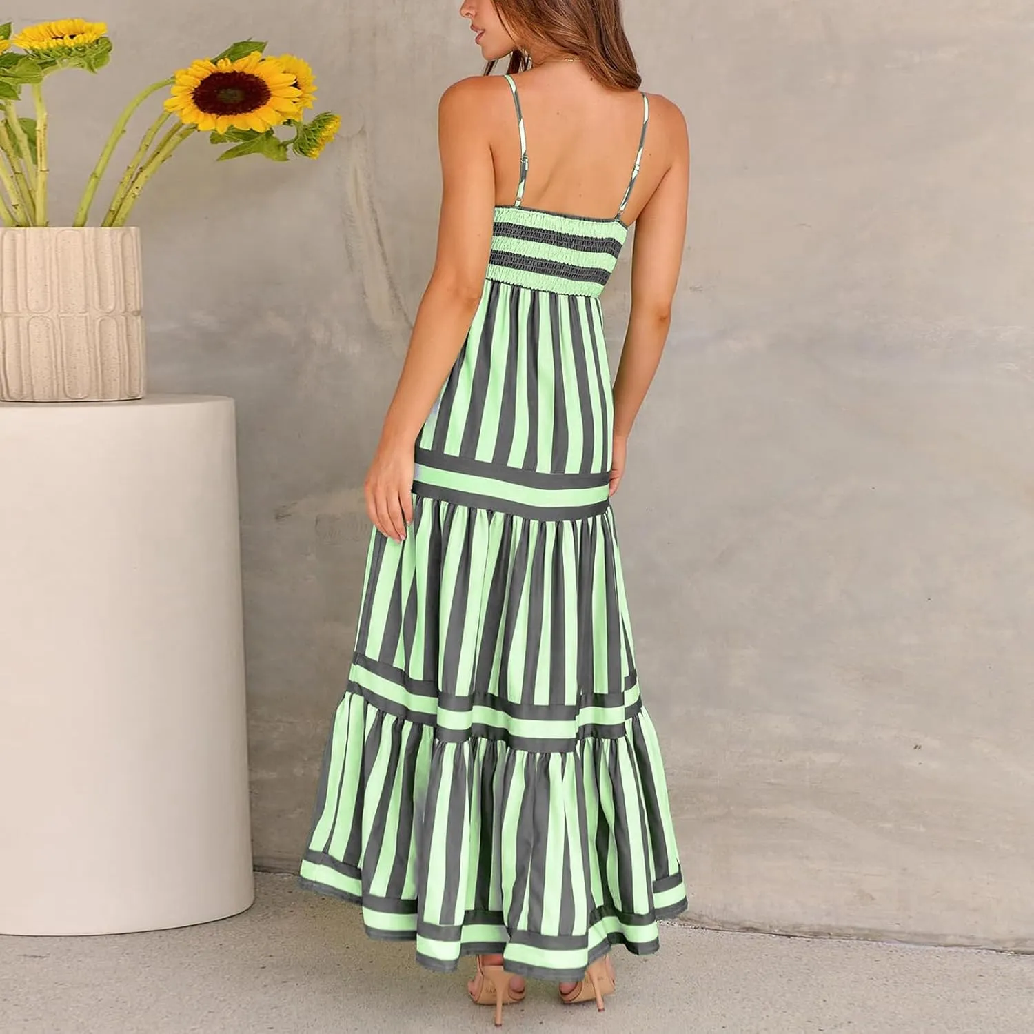 Women Striped Print Maxi Dress Spaghetti Strap Flowy Tiered Dress Sleeveless Casual Summer Sundress